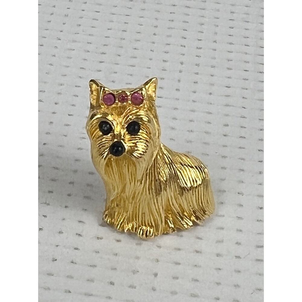 Joan Rivers Dog Brooch Vintage Gold Tone Yorkshire Terrier Yorkie Dog Signed Pin
